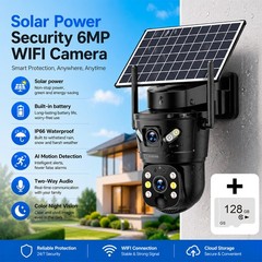 6MP Solar Camera WIFI Solar Panel Dual Lens Camera Home Security Cam + 128G Card