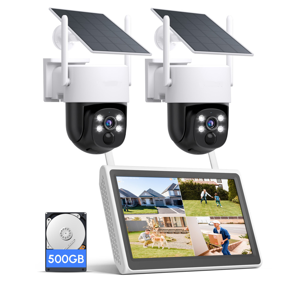 Solar Security Camera System 10″ Monitor, 2pcs 2K Cams Color Night Vision