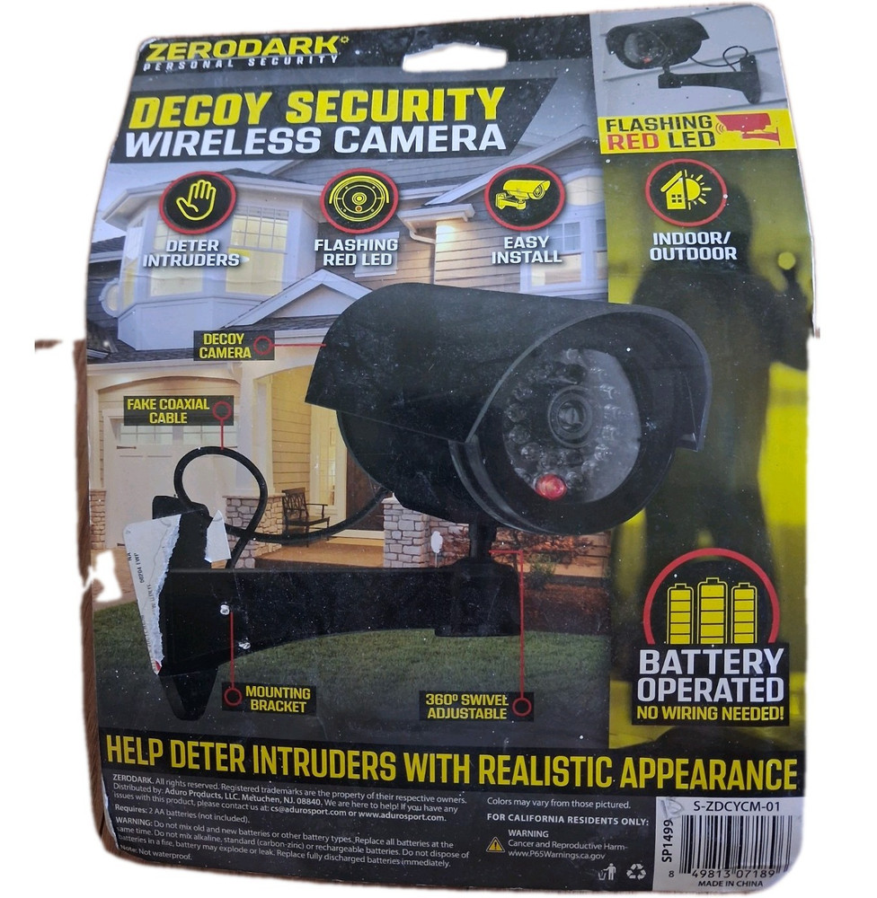 Zerodark Dummy Security Camera Black Wireless Battery Operated Flashing LED
