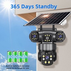 3 Lens Solar Battery Wireless Security Camera 360° PTZ Outdoor WiFi IP CCTV US