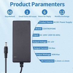 12V 5A Power Supply Adapter, 60W, AC 100-240V to DC 12V