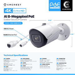 4K (8MP) IP POE Camera, Ultrahd Outdoor Bullet, 3840X2160, 98Ft Nightvision, 125
