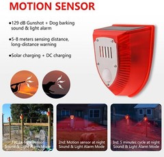 Solar Outdoor Motion Sensor Alarm-129db Dog Barking & Gunshot Sound USB Charge