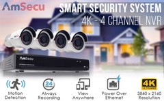 AmSecu 4K 4CH Smart Security Camera System w/ 4 x 4K 8MP 3.6mm Bullet Cameras