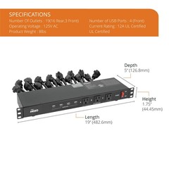 Tecmojo 1U Rack Mount 19 19 Outlets/12A/USB+Overloading Protection, Black
