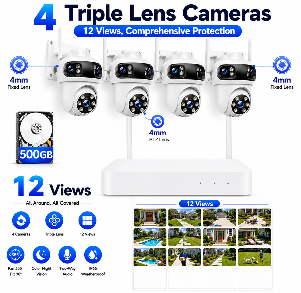 Wireless Security Camera System 4-Cam Outdoor PTZ Triple Lens Color Night Vision