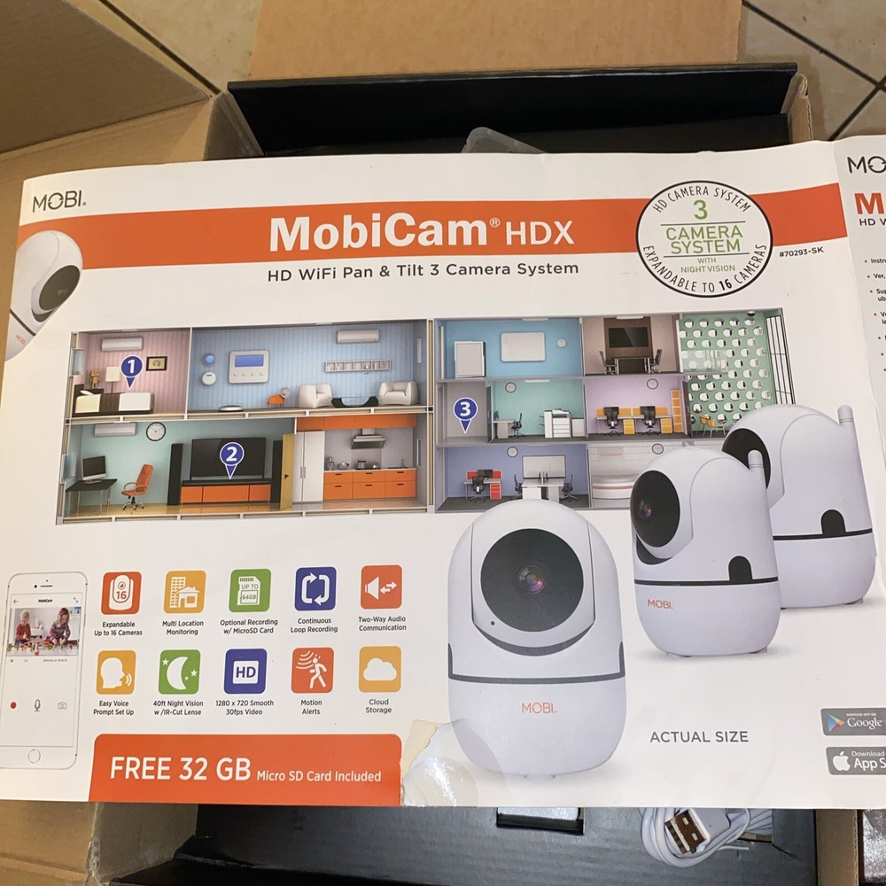 Mobicam HDX HD Wifi Pan & Tilt 3 Camera System Mobi 32GB Card Security C2