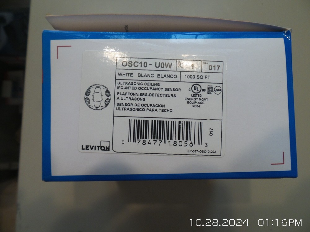 Leviton OSC10-U0W Occupancy Sensor, Ultrasonic, Ceiling Mount, 1000SF, White
