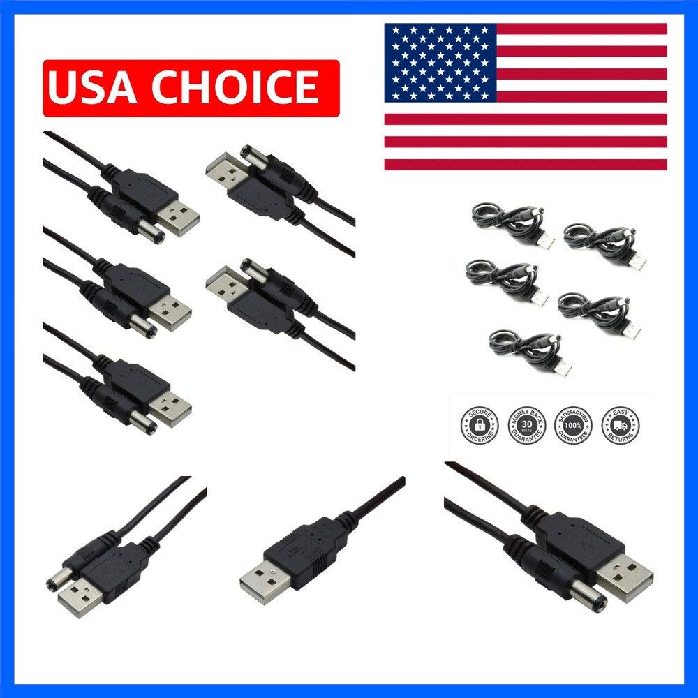 5pcs USB 2.0 A Male to DC 5.5×2.1mm 5 Volt DC Connector Charge Barrel Jack Po…