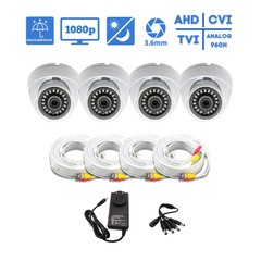 4 Full HD 1080p Dome Security Camera with BNC 100ft Cables Power Supply CCTV Kit