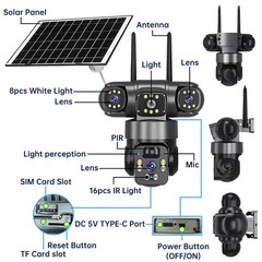 4G SIM 16MP 4 Lens Solar Battery Powered Home Security Camera Outdoor CCTV PTZ