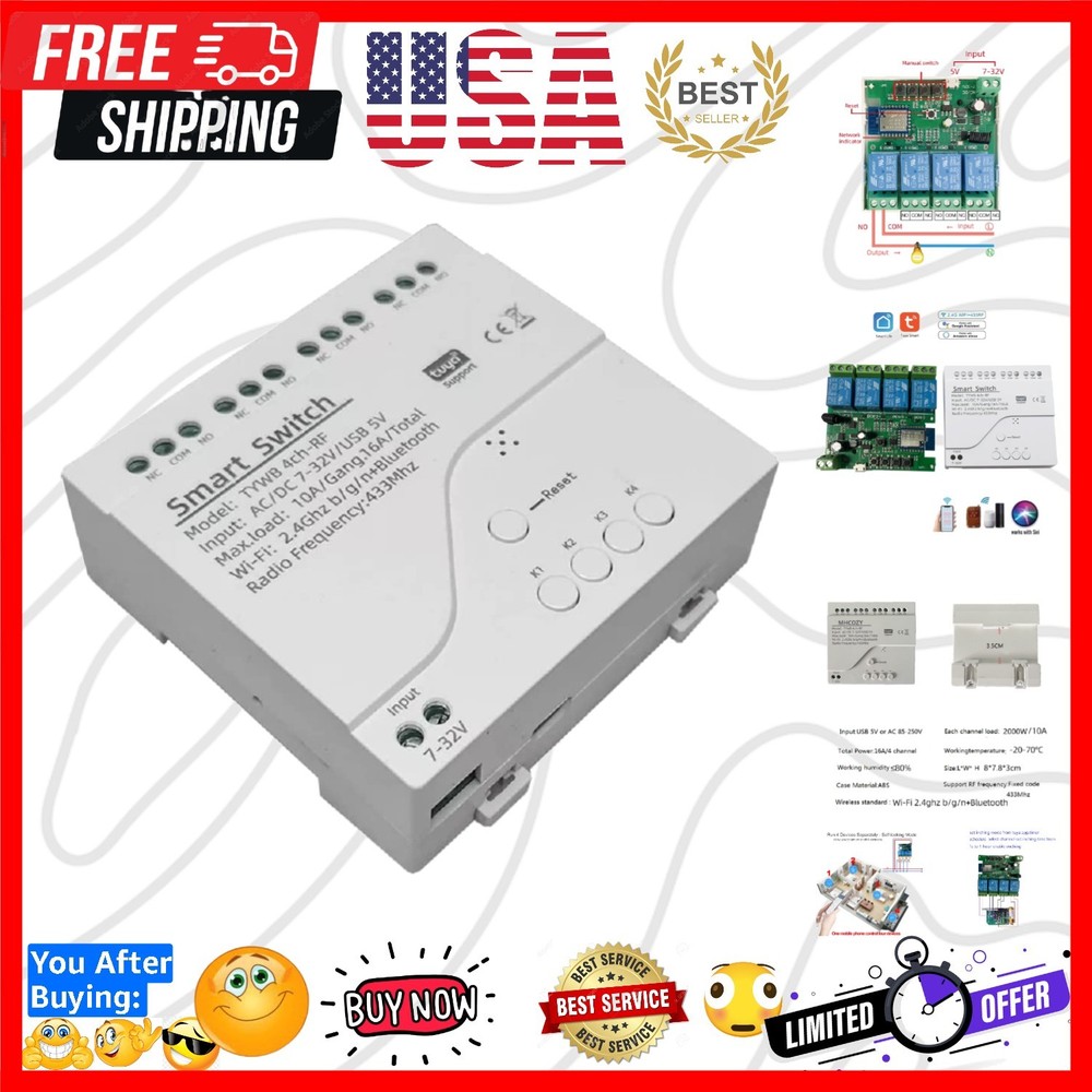 4 Channel Smart WiFi RF Bluetooth Wireless Dry Contact Relay Switch Module,Ph…