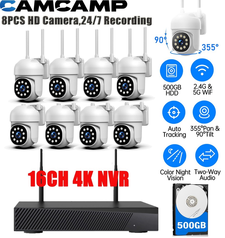 CAMCAMP 8PC PTZ WiFi Cameras 16CH 4K NVR Wireless Security Camera System Audio