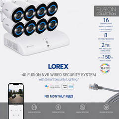 Lorex Fusion 4K 16-Ch 2TB Wired NVR Security System with 8 PoE Lightning Camera