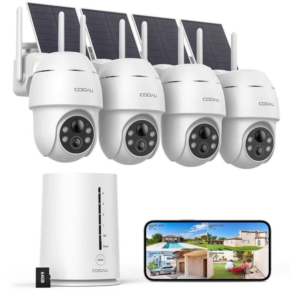 COOAU 4MP Solar Security Cameras Wireless Outdoor, 64GB Local Storage Outdoor…