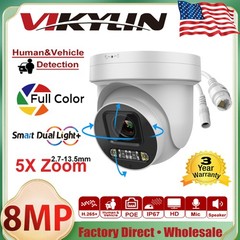 Vikylin IR+Full Color 4K 8MP PTZ 5X Zoom POE Camera Dual Light 2-Way Audio H.265