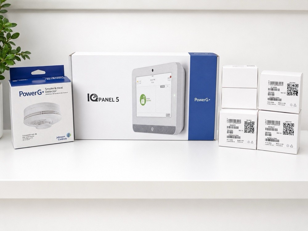 Qolsys IQ Panel 5 with PowerG Smoke Detector, Contacts and Motion Detectors New