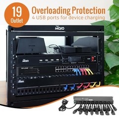 Tecmojo 1U Rack Mount 19 19 Outlets/12A/USB+Overloading Protection, Black