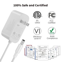 24W 12V 2A Power Supply Adapter 6FT Cord 5.5×2.1mm DC Plug Transformer White