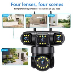16MP 4G SIM Solar Security IP Camera Outdoor 4 Lens PTZ CCTV Motion Detection