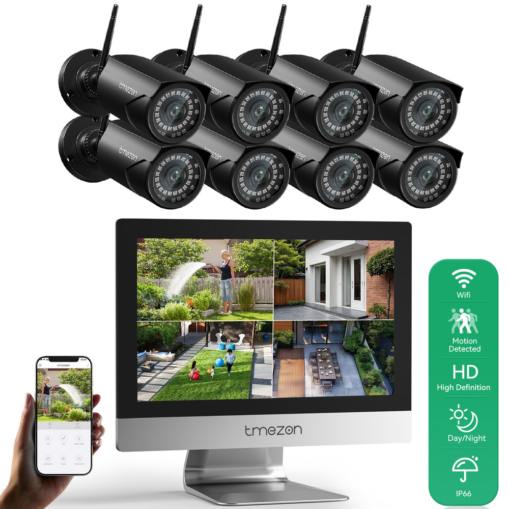 Wireless Security Camera System WiFi Outdoor Home 12”Monitor 10CH 5MP NVR 1TB