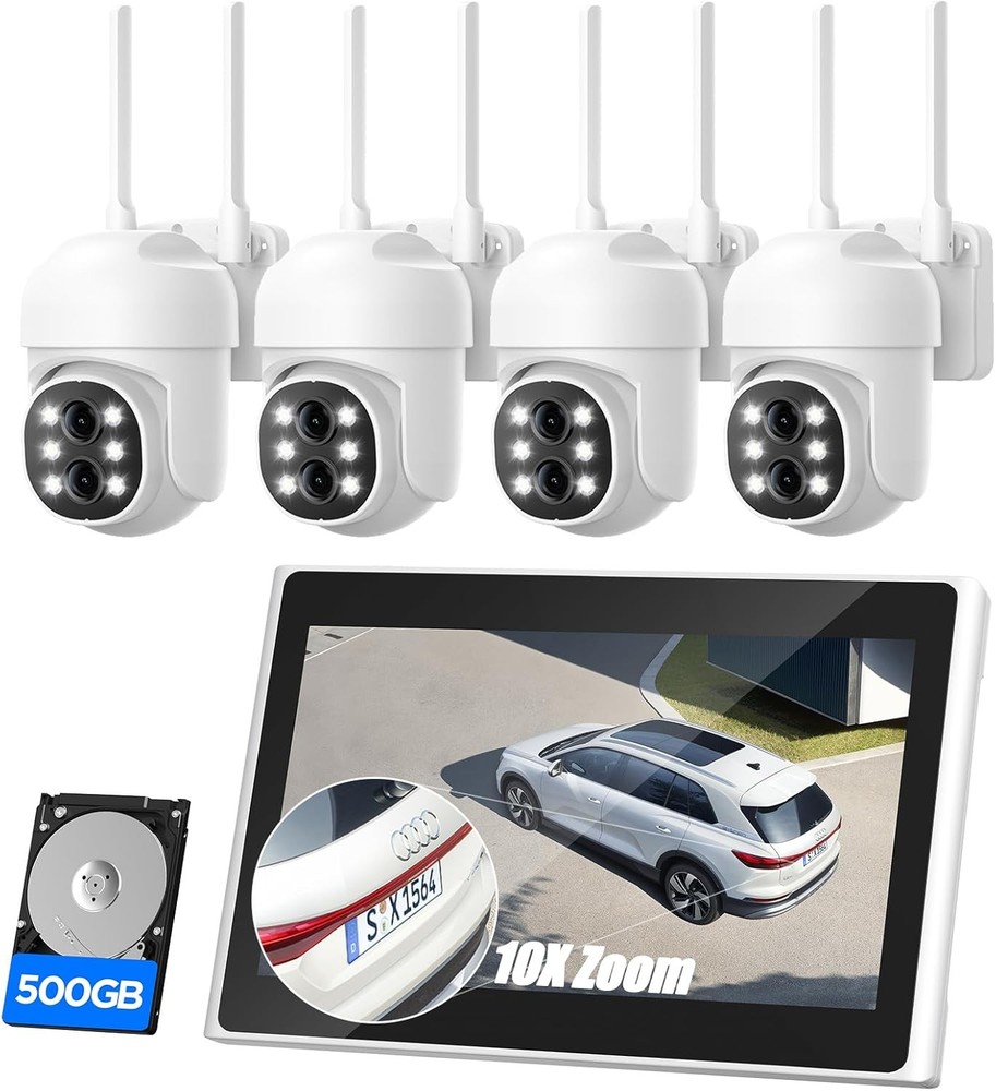 Wireless Security Camera System 10″ LCD Monitor WiFi NVR with 500GB HDD, 4xCams