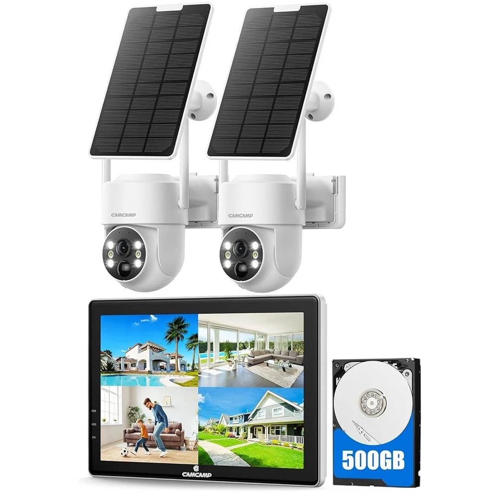 Solar Wireless Security Camera System 2-Way Audio 10 Inch Monitor Home CCTV Cams