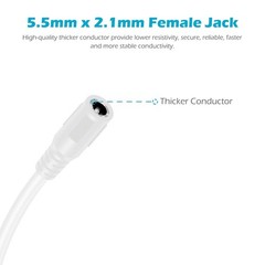 White 18 AWG 10Ft DC Power Extension Cable 5.5×2.1mm Male To Female Plug Cord