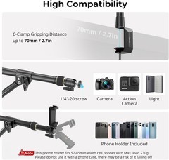 Stable Overhead Camera Mount with Adjustable Angles & Phone Holder, 3kg Max Load