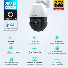 Vikylin 4K 8MP 25X Zoom PoE Security Camera PTZ Auto Tracking Outdoor 2Way Audio