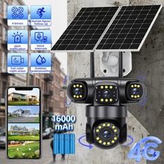 16MP 4G SIM Solar Security IP Camera Outdoor 4 Lens PTZ CCTV Motion Detection