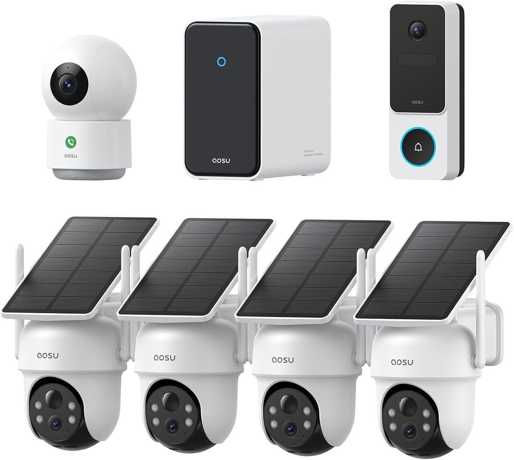 AOSU 3K Solar Security Camera System 4 Cam Kit + 2K Doorbell & Indoor Cam w/16TB