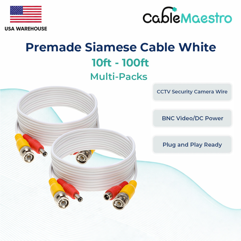 White Premade Siamese Cable BNC Video + DC Power Cord 10ft – 100ft Pack Lot