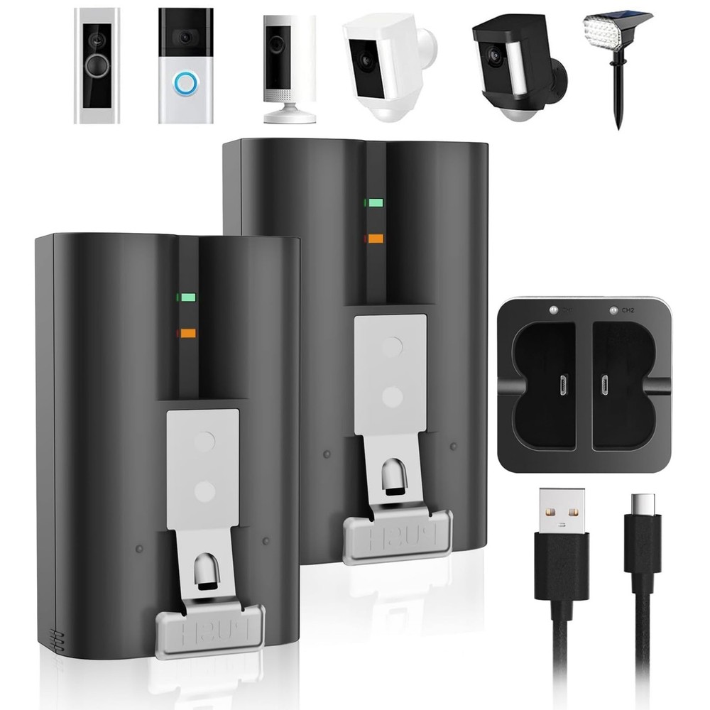 2 Pack 7200mAh Rechargeable Battery & Charger Station for Ring Doorbell 2/3/4