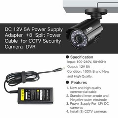 12V 5A Power Supply Adapter +8 Way Splitter Cable for DVR/CCTV Camera/LED Strip
