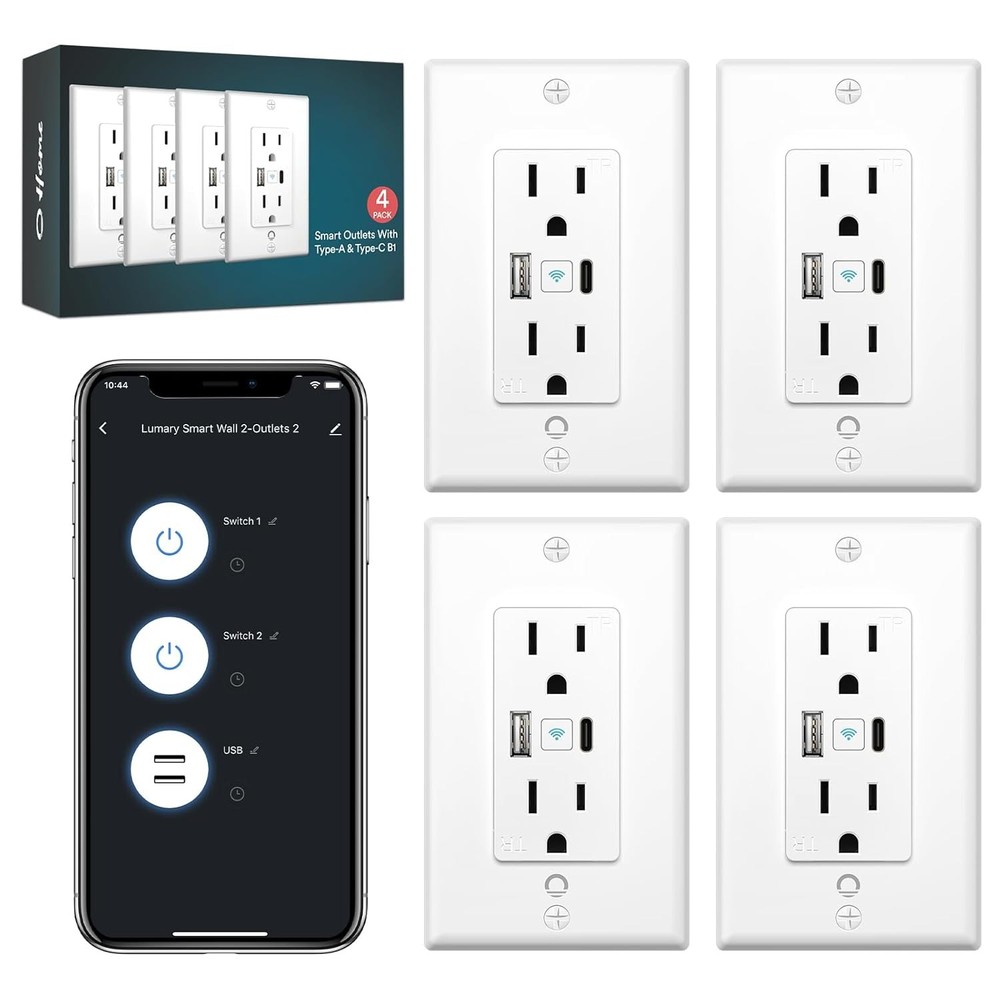 4 Pack Lumary Smart USB Outlet with WiFi, Type-C & USB-A Ports, Voice Control