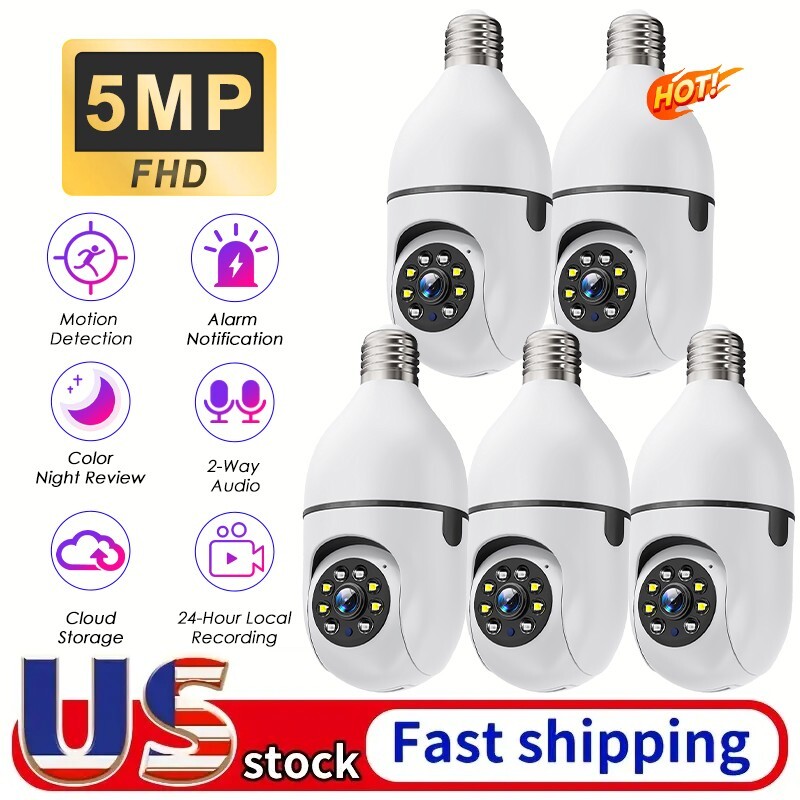 5PCS Light Bulb Security Camera 5MP WIFI 360° Color Wireless IR Motion Audio