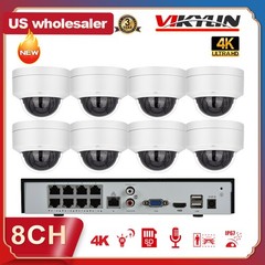 Vikylin 4K 8CH 8POE NVR CCTV System 8MP IR 30m Dome IP Camera Mic Outdoor US Lot