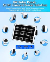 8W Solar Panel for Security Camera, Solar Panel Charger with 5V USB-C/Micro/DC