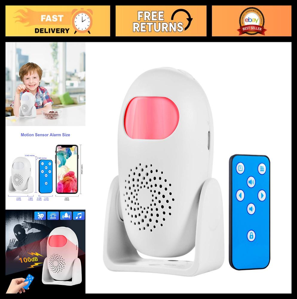 Indoor Motion Sensor Alarm with Remote Control, 110dB, 4 Volume Levels, Security