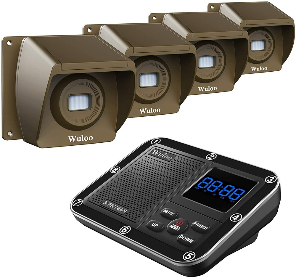 Wuloo 1800ft Range Driveway Alarms System 1 Receiver 4 Sensors Motion Detectors
