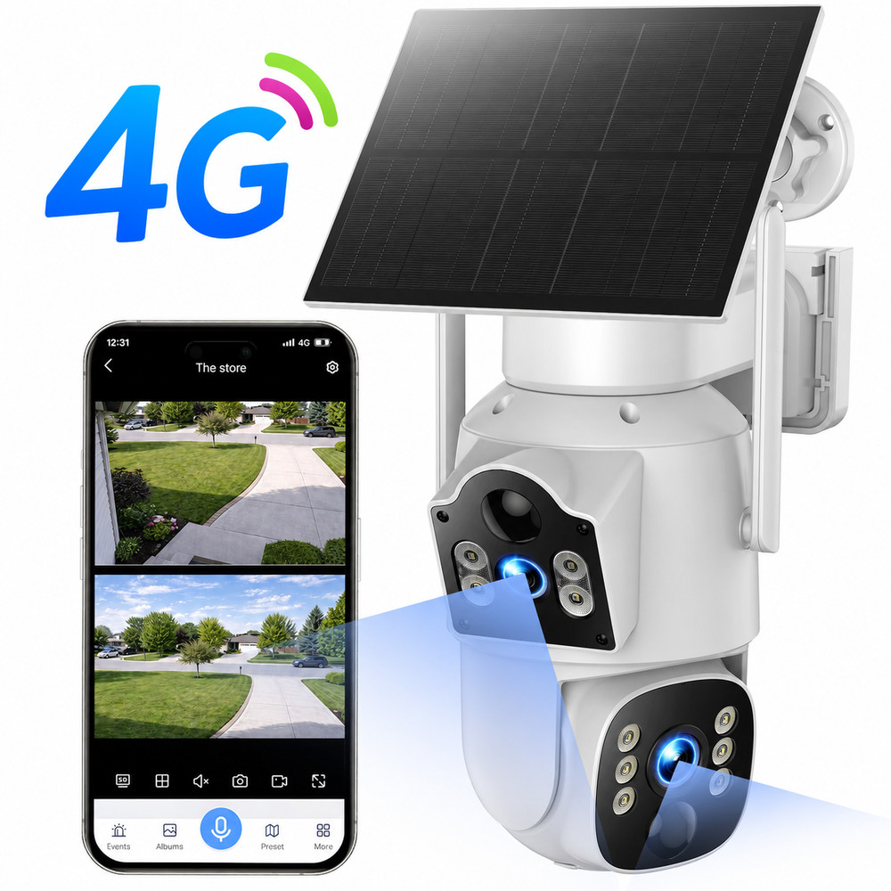 4G LTE Security Camera Wireless Outdoor Dual Lens 360° 2K Solar Powered SIM Card