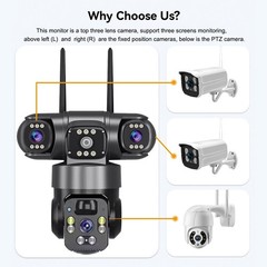3 Lens 12MP Solar Battery Home Security Camera Outdoor Wifi Wireless PTZ CCTV US