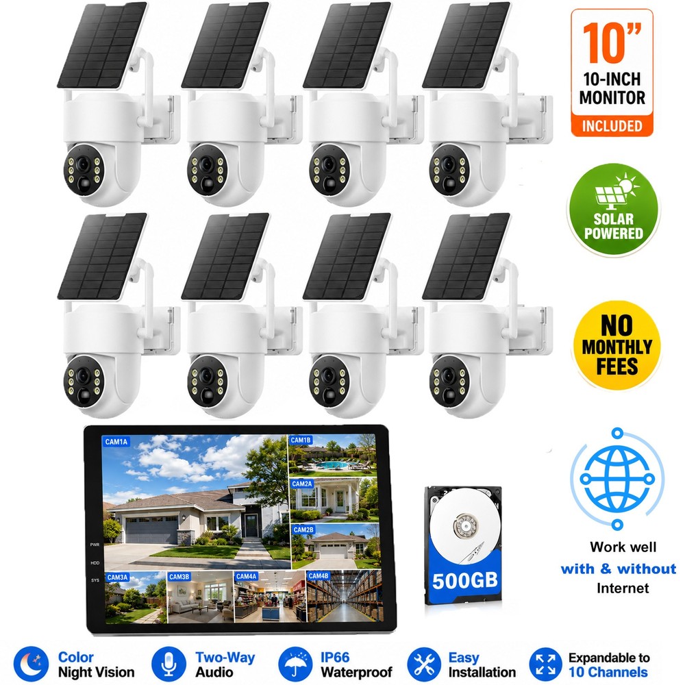 PTZ Wireless Solar Security Camera System 10CH NVR Monitor 500GB HDD Kit CAMCAMP
