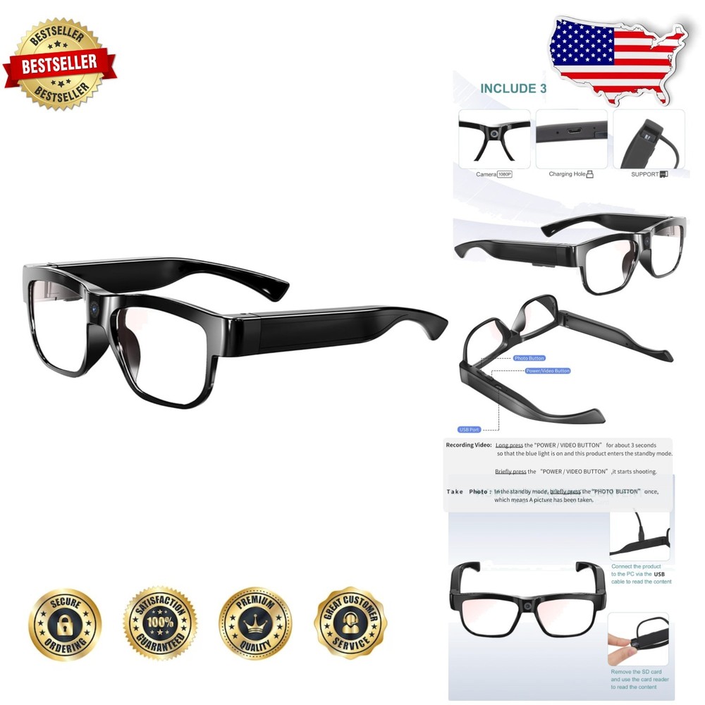 Lightweight Gray Smart Glasses with 32GB HD Camera – Easy One-Button Record