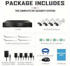 10CH NVR 5MP System, 4×3MP Cameras, 1TB HDD, Night Vision, Motion Detection, App