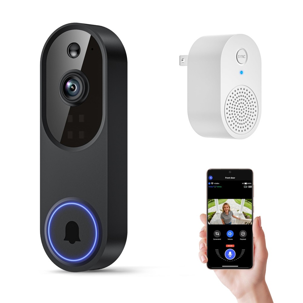 Orbitell 1080p Wireless Wi-Fi Video Doorbell Camera with Two Way Audio, Black