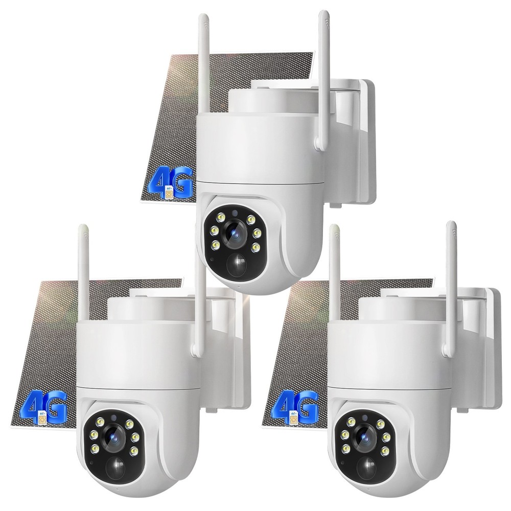 4G LTE Cellular Solar Security Camera Wireless Outdoor 2K No WiFi PTZ 360° 3pcs
