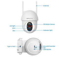 ARCCTV 4G LTE Cellular 4MP Solar Power 360°PTZ Security Camera Outdoor Wireless