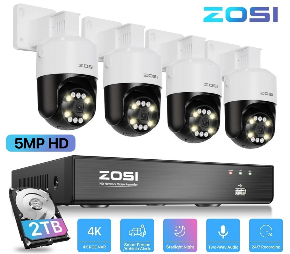 ZOSI 4K 2TB NVR 5MP PoE Security Camera System PTZ Person Vehicle Detect Home
